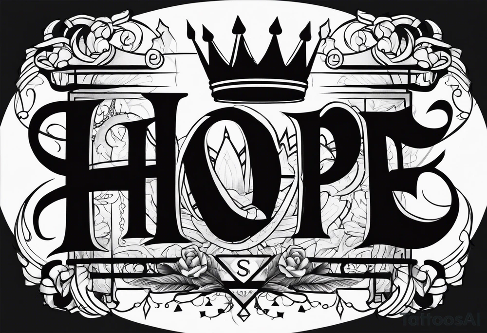 HOPE lettering tattoo with broken clock and king crown incorporated tattoo idea