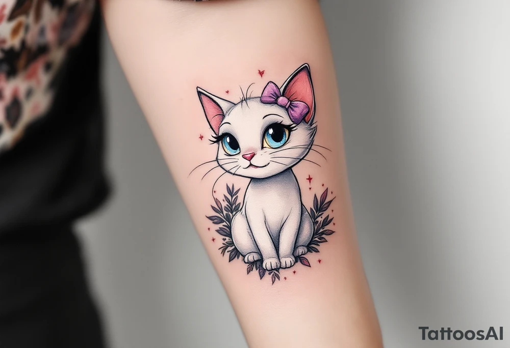 Marie, the white cat with a pink bow, adds a touch of vintage Disney with this Aristocats tattoo. tattoo idea