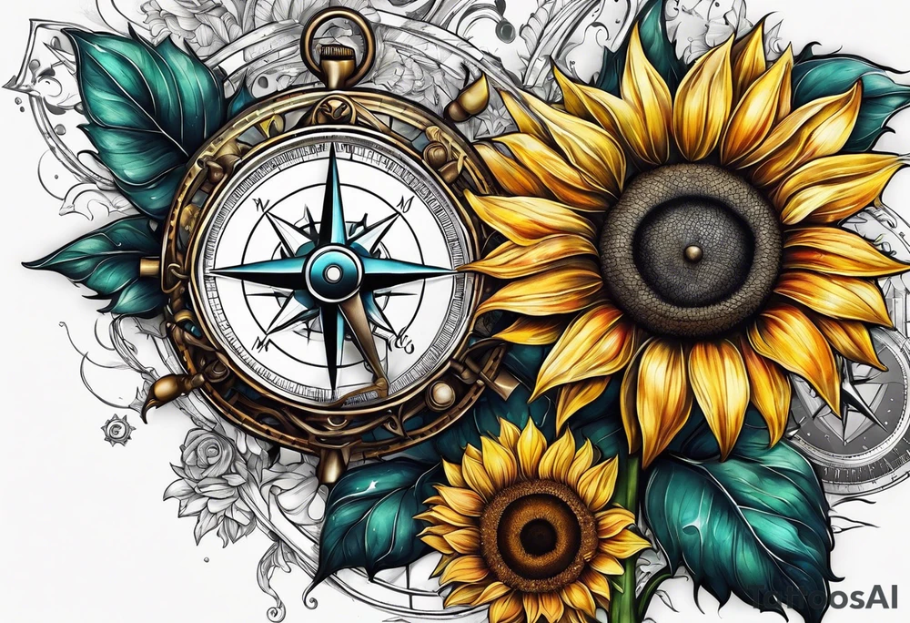 Sunflower next to a compass tattoo idea