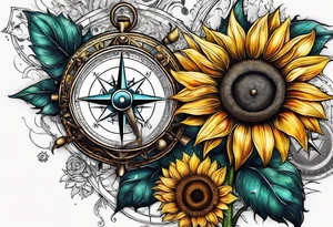Sunflower next to a compass tattoo idea