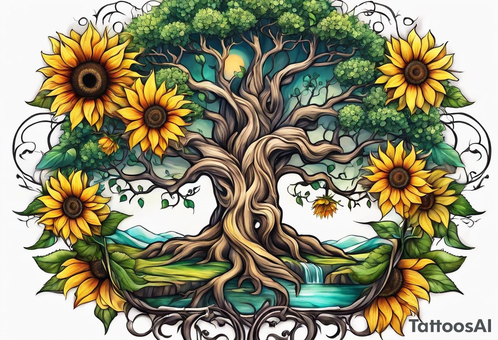 Feminine Yggdrasil tree with two sunflowers tattoo idea