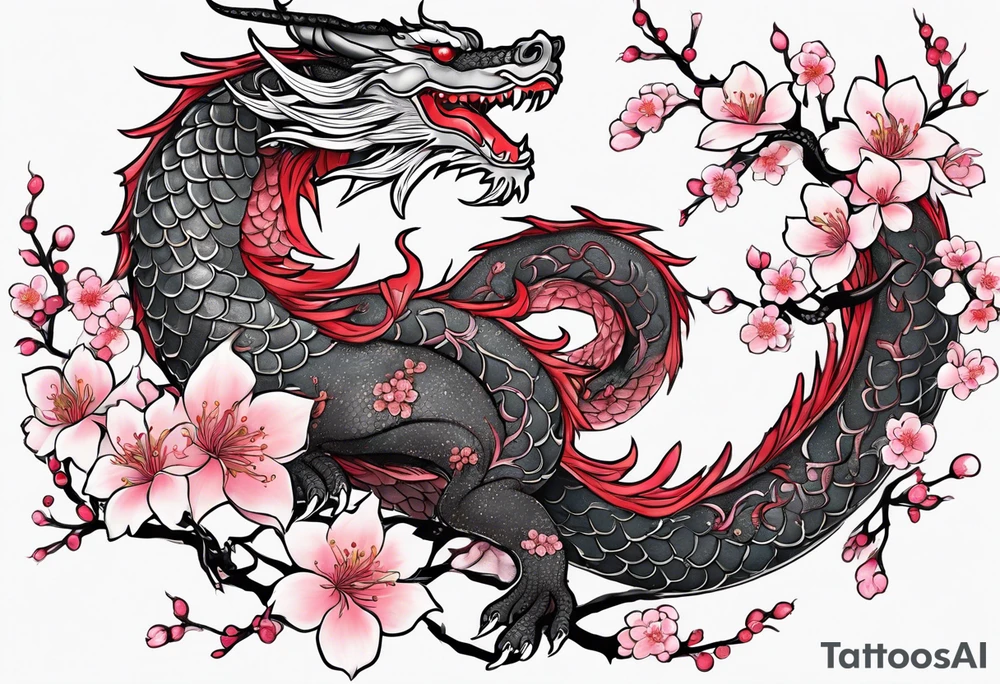 Delicate feminine simple dragon intertwined in cherry blossom, soft lines, soft dragon, pleasant dragon, beautiful cherry blossom tattoo idea