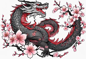 Delicate feminine simple dragon intertwined in cherry blossom, soft lines, soft dragon, pleasant dragon, beautiful cherry blossom tattoo idea