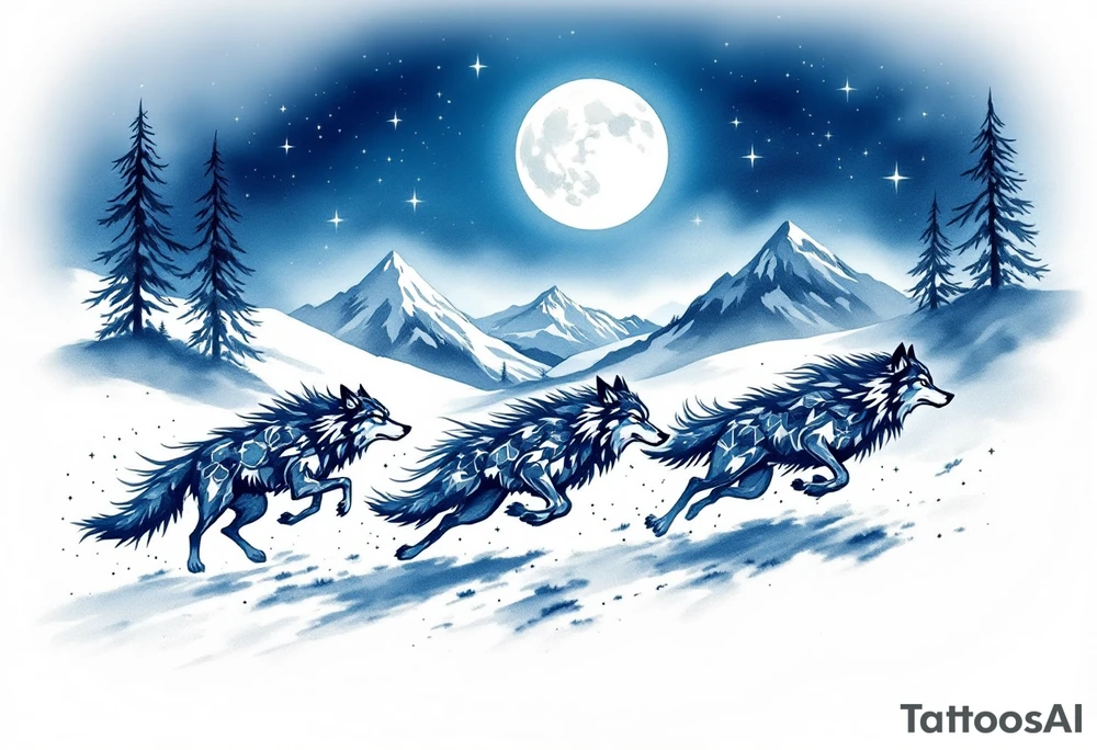 Running wolf pack beneath a starry night sky, with the moon high and glowing white, mountains in the distance, done in black and dark navy ink. tattoo idea