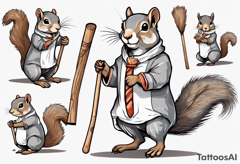 a grey squirrel dressed in a tunic holding a large white stick tattoo idea