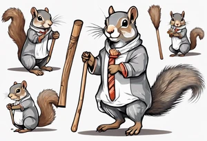 a grey squirrel dressed in a tunic holding a large white stick tattoo idea