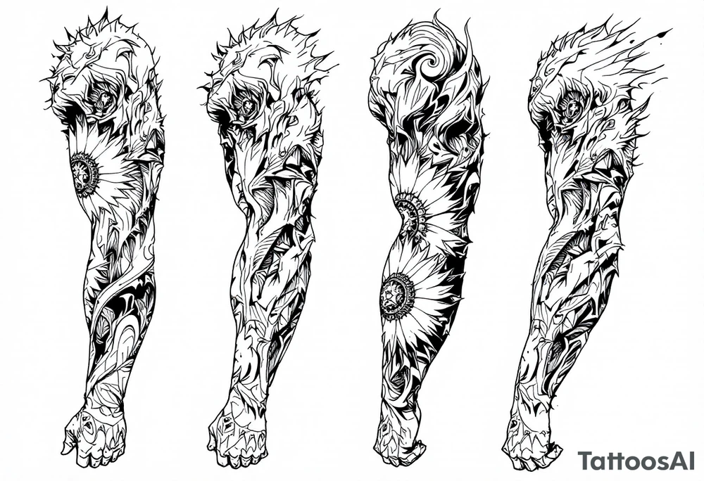 A full sleeve with themes of personal struggle, family, faith, and perseverance tattoo idea