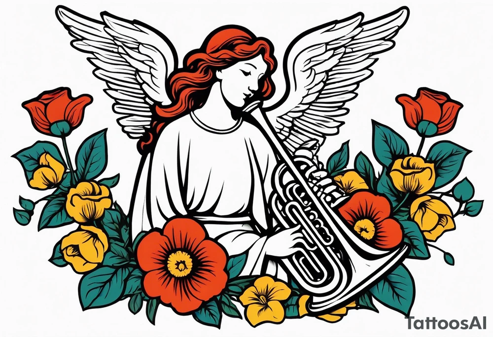 angel with trumpet
old school vintage simple traditional design with vintage flowers surrounding it bold color tattoo idea