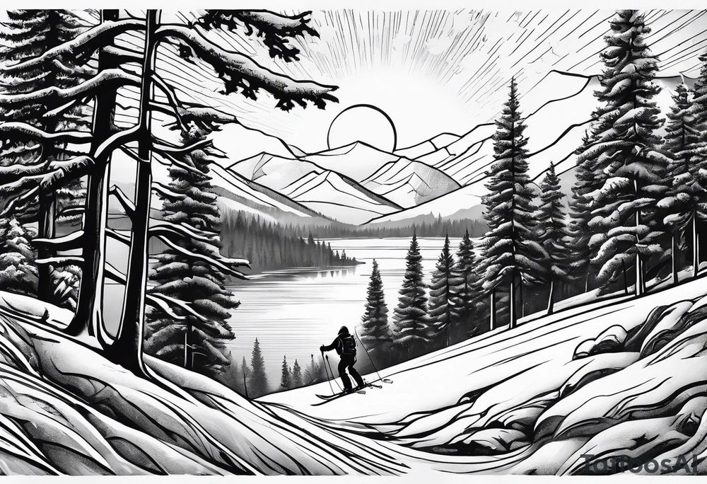 snow skier in distance coming down mountain with large trees and bi bright sun with lake at the bottom tattoo idea