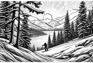 snow skier in distance coming down mountain with large trees and bi bright sun with lake at the bottom tattoo idea