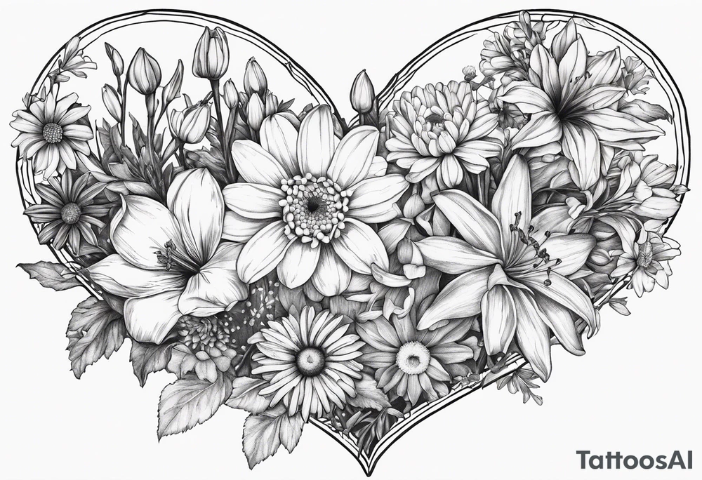 Daisy, lily, narcissus, larkspur, gladiolus, chrysanthemums, in a heart tattoo idea