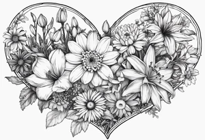 Daisy, lily, narcissus, larkspur, gladiolus, chrysanthemums, in a heart tattoo idea