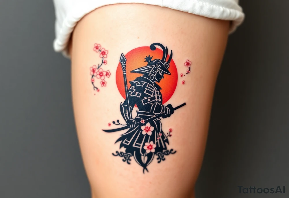 noble samurai warrior silhouette at sunset with cherry blossoms tattoo idea