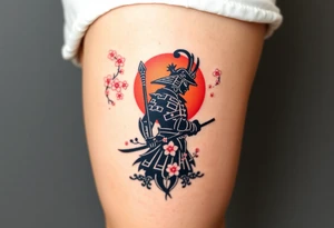 noble samurai warrior silhouette at sunset with cherry blossoms tattoo idea