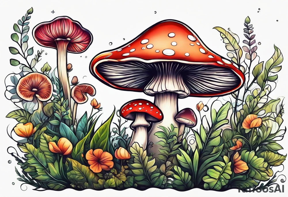 Cheery mushroom surrounded by smaller plants tattoo idea
