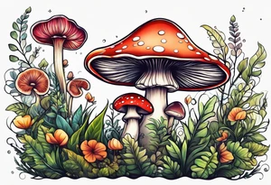 Cheery mushroom surrounded by smaller plants tattoo idea