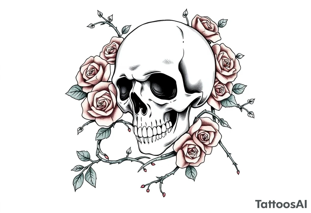 gothic skull intertwined with climbing roses and thorny vines tattoo idea