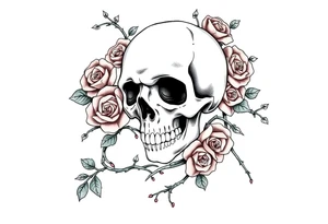 gothic skull intertwined with climbing roses and thorny vines tattoo idea