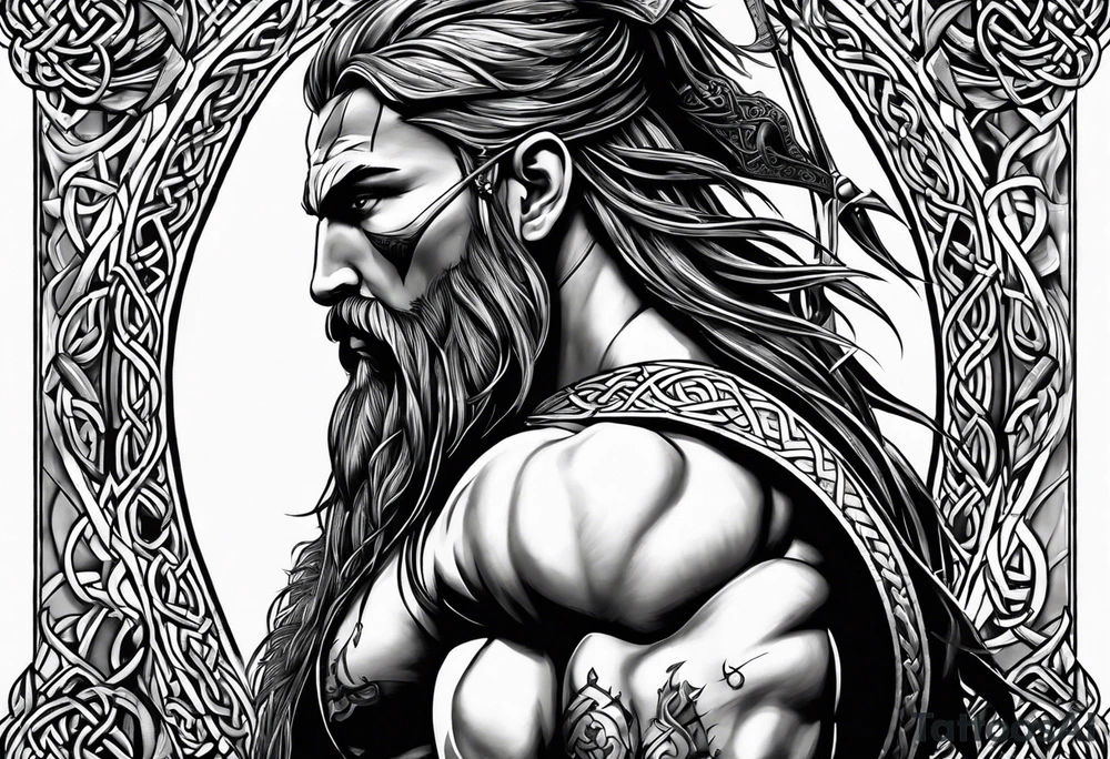 Full body side profile of Celtic warrior with weapons drawn tattoo idea Full body side profile of Celtic warrior with weapons drawn tattoo idea