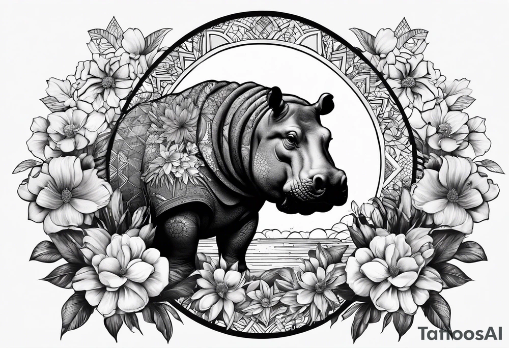 Hippo, flowers, moon, fine lines, tribal, geometric tattoo idea
