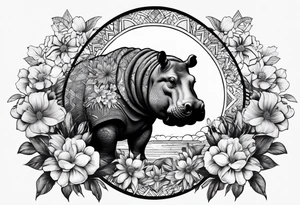 Hippo, flowers, moon, fine lines, tribal, geometric tattoo idea
