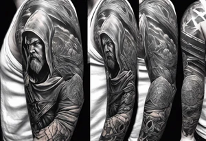 Full arm sleeve tattoo extending from shoulder to wrist featuring young Obi Wan Kenobi battling Ben Affleck's Batman at Helms Deep from Lord of the Rings tattoo idea