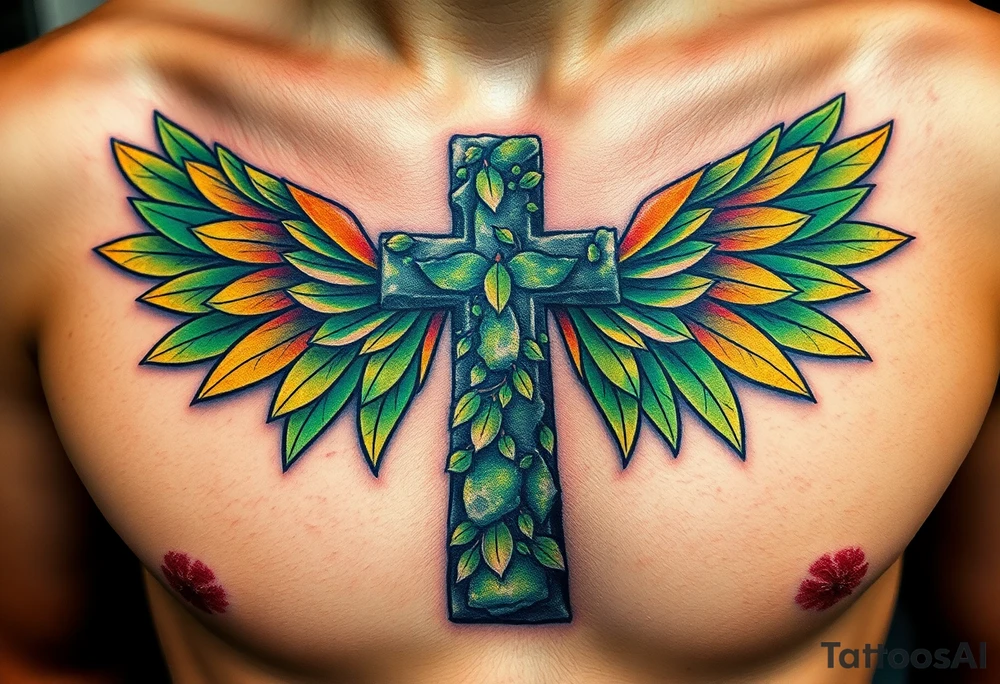 A moss-covered stone cross, with soft green and gold wings resembling leaves in autumn tattoo idea