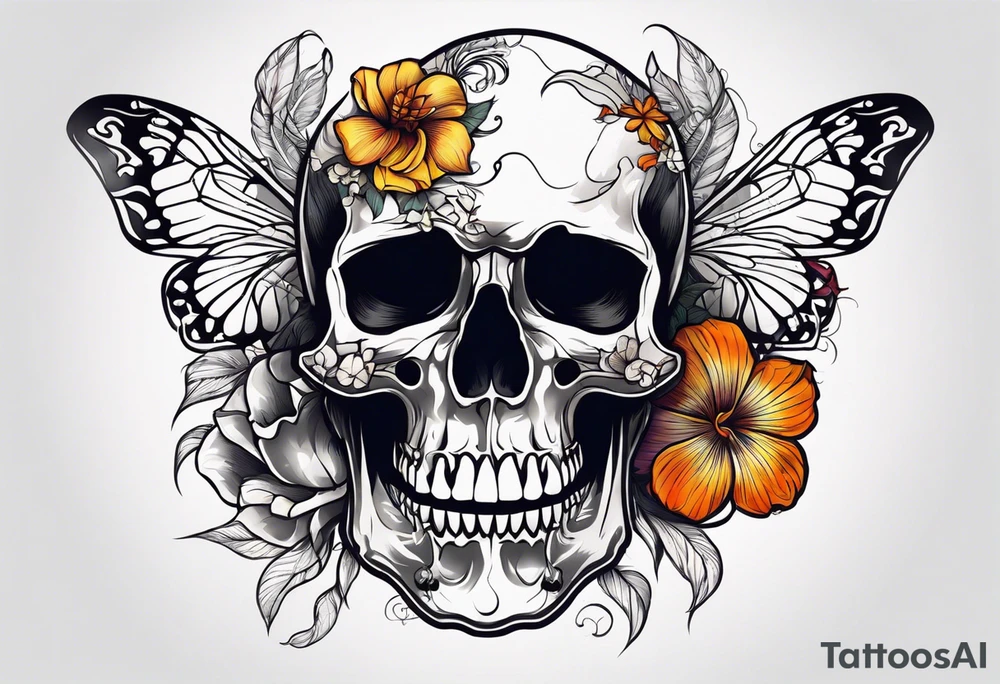 Skull tattoo with a large scorpion and flowers tattoo idea