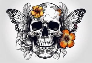 Skull tattoo with a large scorpion and flowers tattoo idea