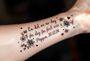 Quote: "En del av deg for evig tid. 
Pappa 20.12.24"
Surround the quote with delicate long blossom gladious, music notes, hearts and an anchor tattoo idea