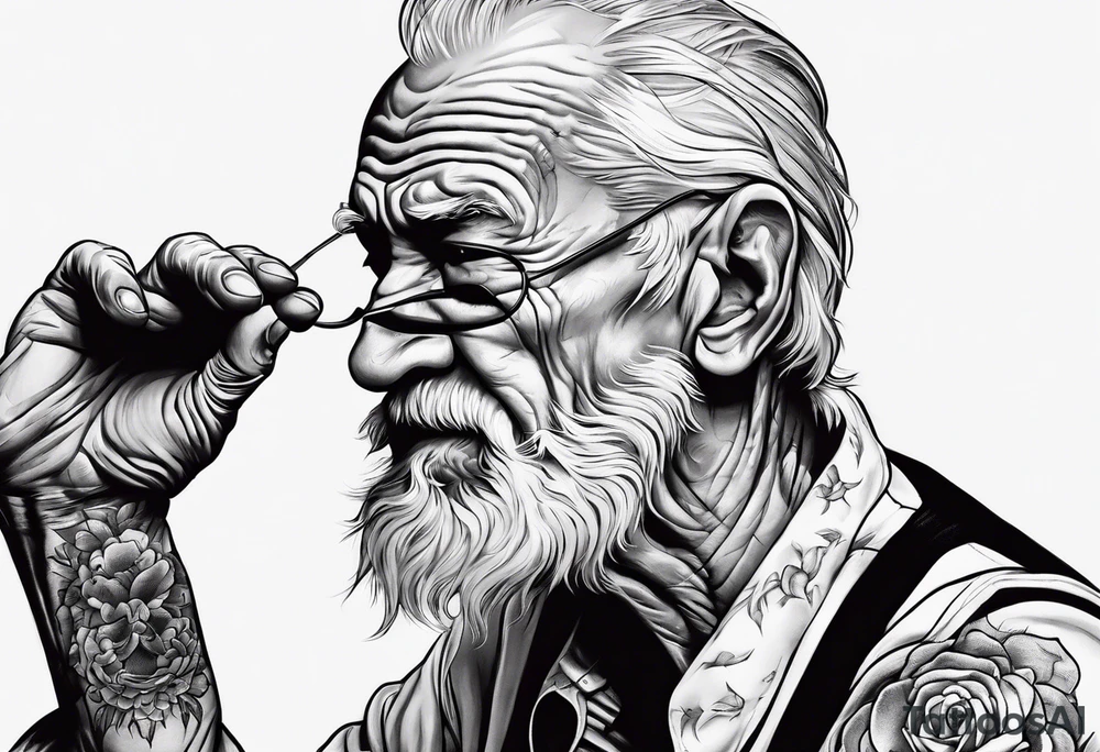 old man in cloake fighting with a skeleton tattoo idea