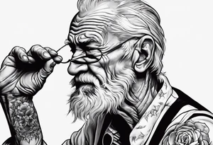 old man in cloake fighting with a skeleton tattoo idea