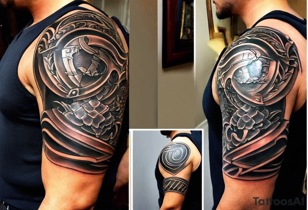 half sleeve tattoo. from a distance looks like a pauldron but closer the pieces of armor are from parts of my life. family, and interests. Father of 3 boys (1 passed), husband, martial arts for 3 decades. 1 1st degree and 1 2nd degree black belt.  Lets start there. tattoo idea