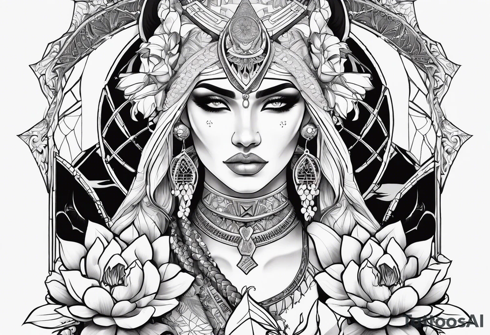 kali ma, alien goddess, valkrye, aries, pirate, divine feminine, zenza resonance, pachamama, lotus azul, blank panther, eagle, skull, 5D, nueva gaya, dna 12, left side chest tatoo tattoo idea