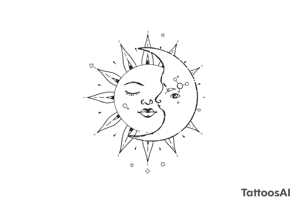 celestial sun and moon embrace with constellation patterns tattoo idea