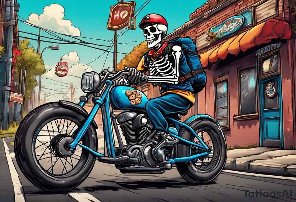 Lifelike skeleton wearing bicycle uniform while riding a road bike. The skeleton is grinning and holding a cookie in its left hand tattoo idea