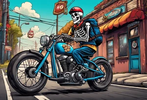Lifelike skeleton wearing bicycle uniform while riding a road bike. The skeleton is grinning and holding a cookie in its left hand tattoo idea