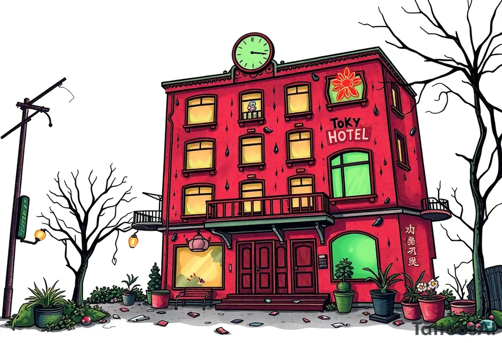 Tim Burton’s Tokyo sex hotel from outside viewis abandoned and dripping with muted reds, dusty pinks, and eerie green glow. tattoo idea tattoo idea