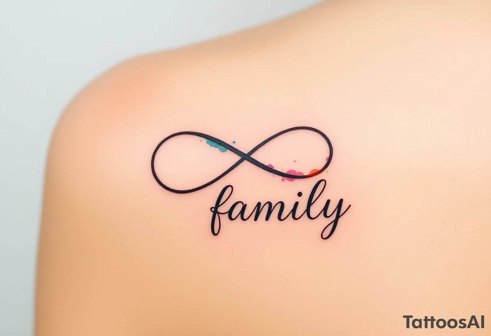 A flowing infinity symbol intertwined with the word "family" written in elegant cursive tattoo idea