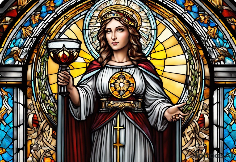 holy saint woman with halo stained glass holding a chalice with artillery tattoo idea