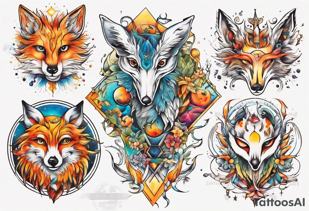 fisch, fuchs und eule , symetrie  sonne, universum, bunt, " sapere aude" tattoo idea