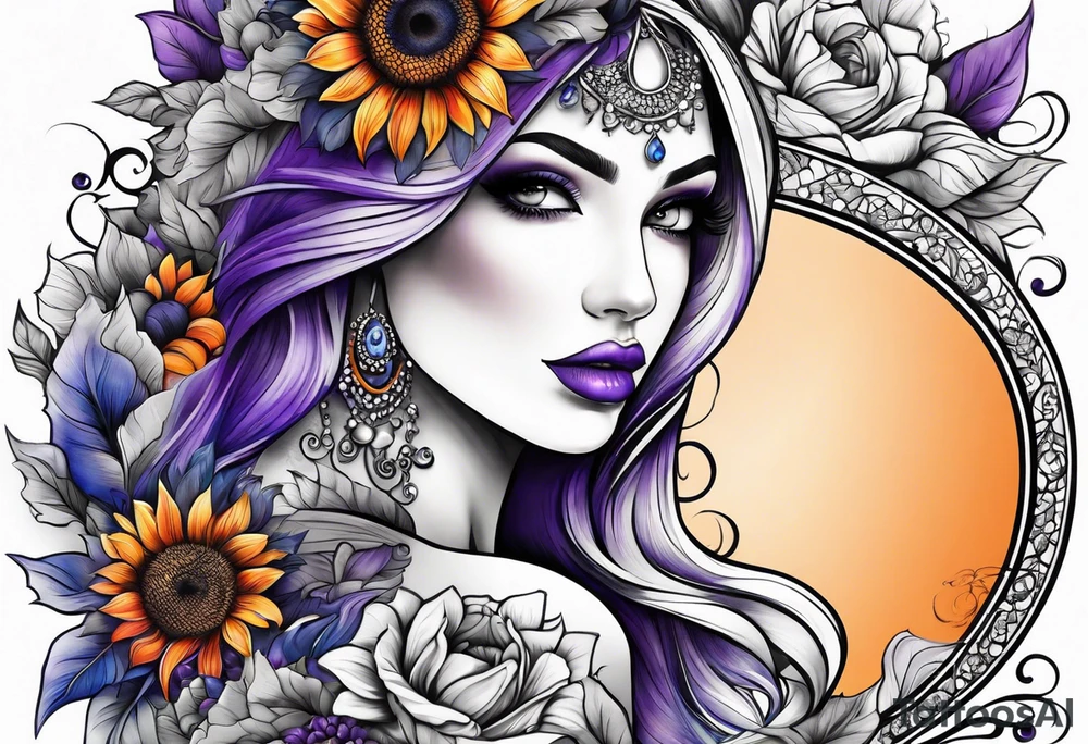 Full leg sleeve with purple, orange and blue sunflowers tattoo idea