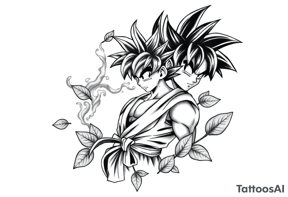 Tattoo design of Son Goku with smoke flowing through his body, surrounded by leaves in negative space effect, featuring soft shading around the edges and dotwork shading inside, with multiple contrast levels throughout. Highly detailed, intricate design with dynamic composition, emphasizing the interaction between the smoke and character, with the negative space leaves creating depth and balance. Professional tattoo art style with clean lines and sophisticated shading techniques. tattoo idea