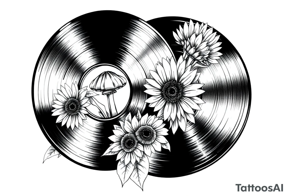 two overlapping vinyl records with mushrooms and sunflowers tattoo idea