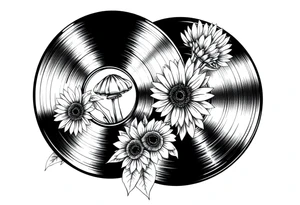 two overlapping vinyl records with mushrooms and sunflowers tattoo idea