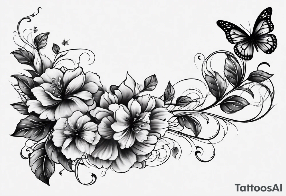 An arm with a single black floral vine wrapped around below the elbow and a bunch of butterflies around it tattoo idea