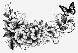 An arm with a single black floral vine wrapped around below the elbow and a bunch of butterflies around it tattoo idea