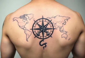 antique compass rose overlaid on weathered world map with sailing ships and a snake tattoo idea