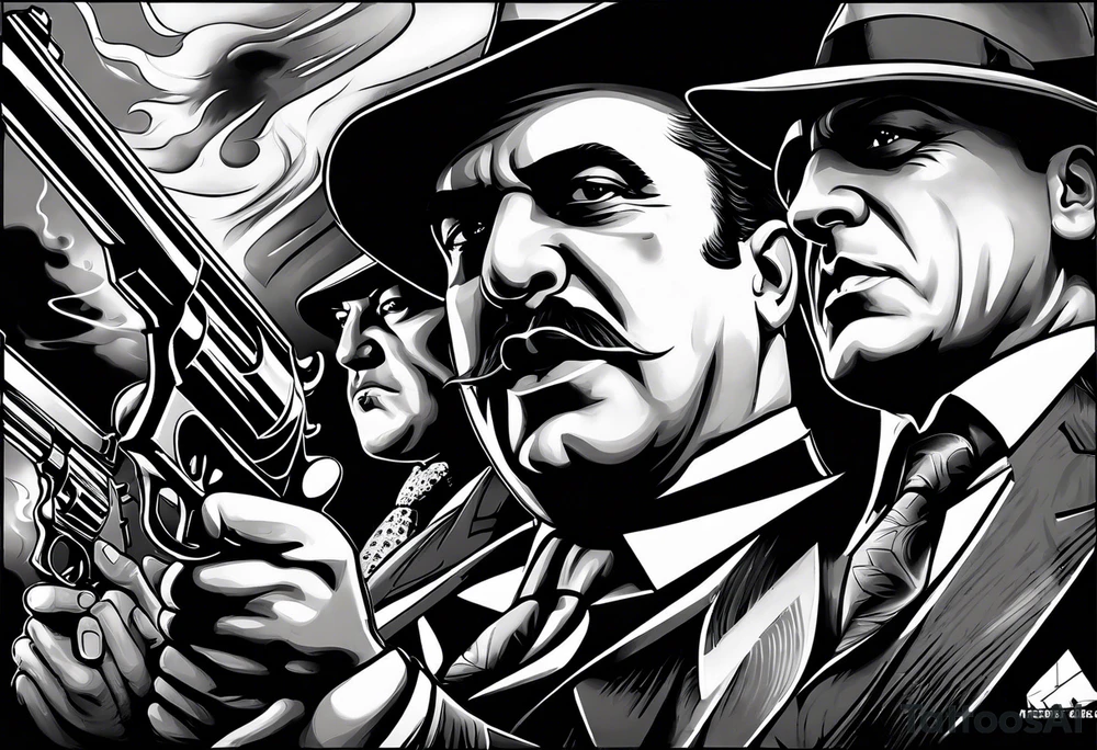 capone style gangsters having a shootout against a dark background scene with flames blues tattoo idea