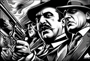capone style gangsters having a shootout against a dark background scene with flames blues tattoo idea